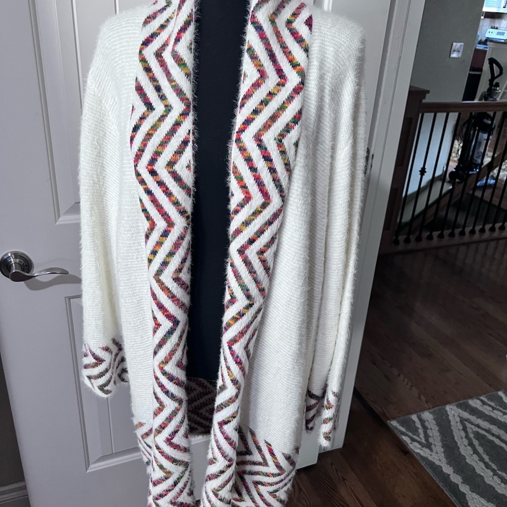 Women's Cream Cardigan with Multicolor Chevron Pattern